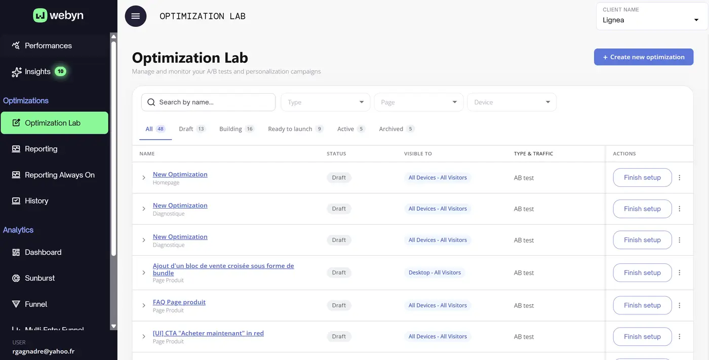 Optimization Lab — vue liste Ready to launch