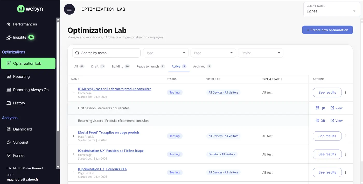 Optimization Lab — vue liste Active avec statuts Testing et Live