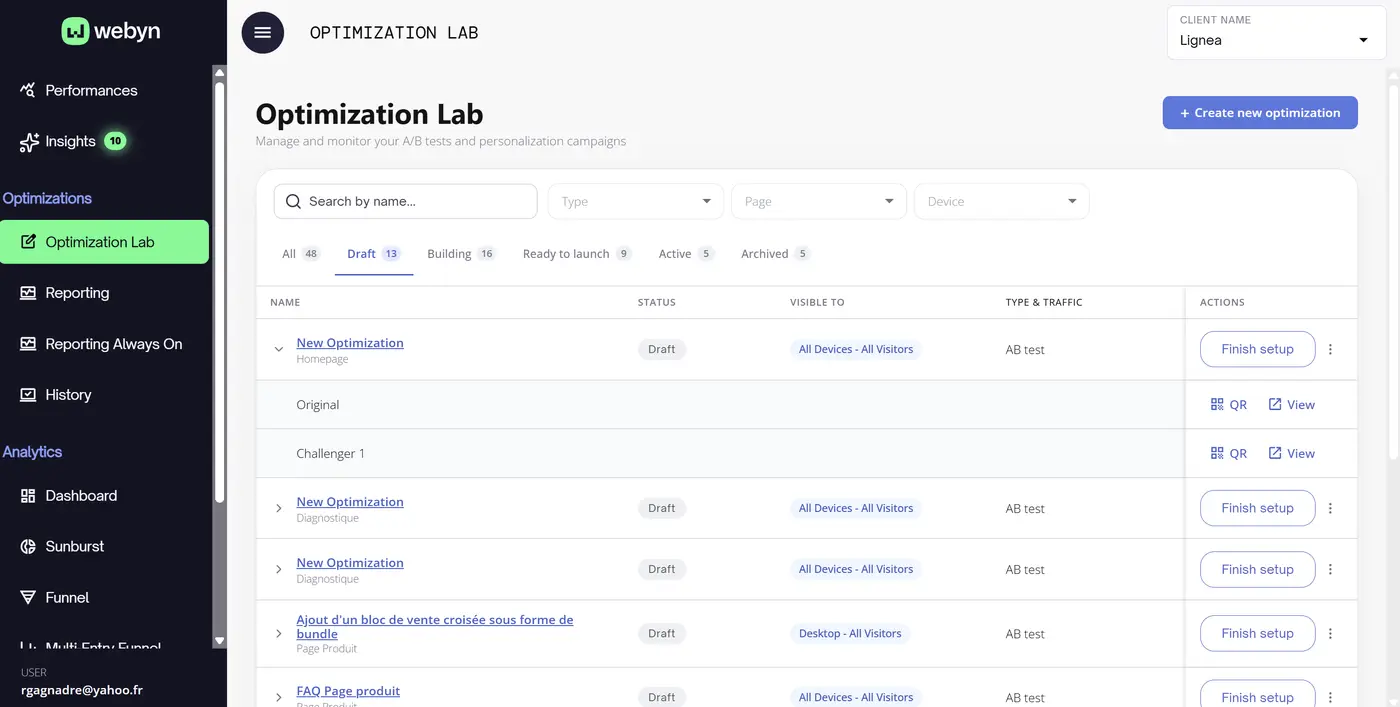 Onglet Draft — optimisations en cours de création