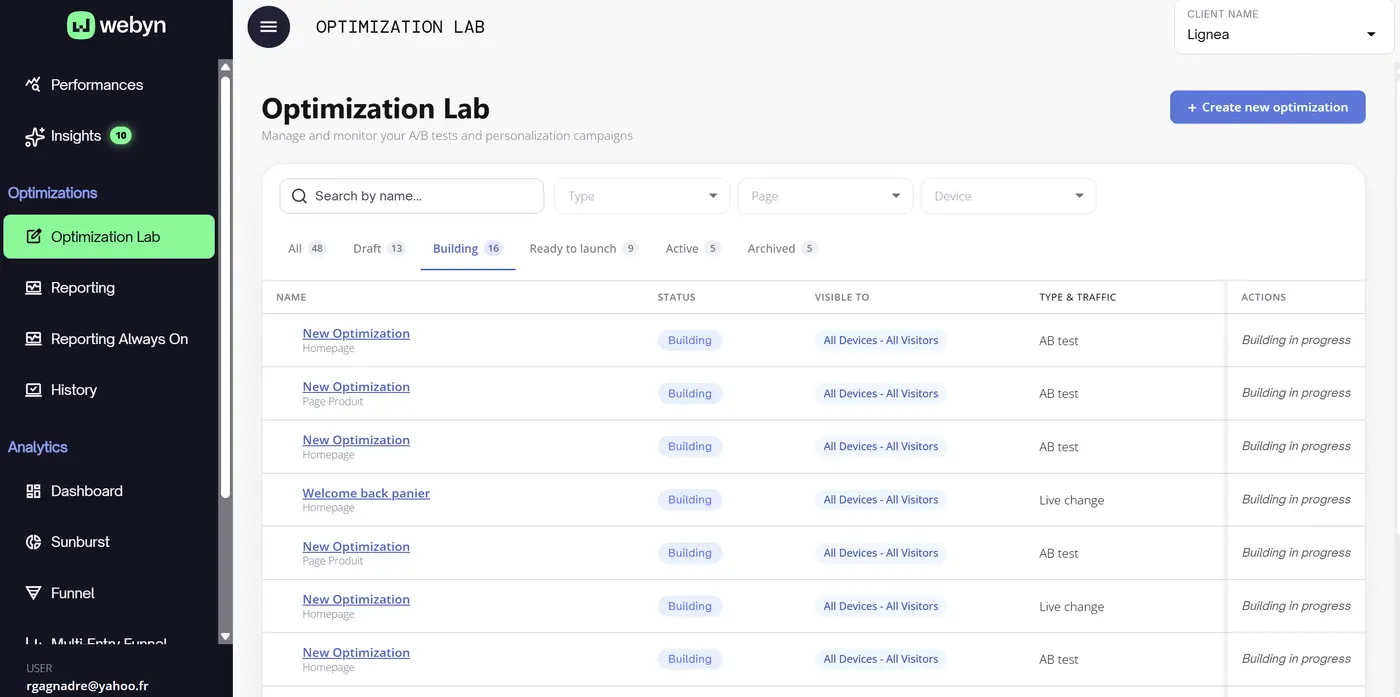 Onglet Building — optimisations en cours chez Webyn