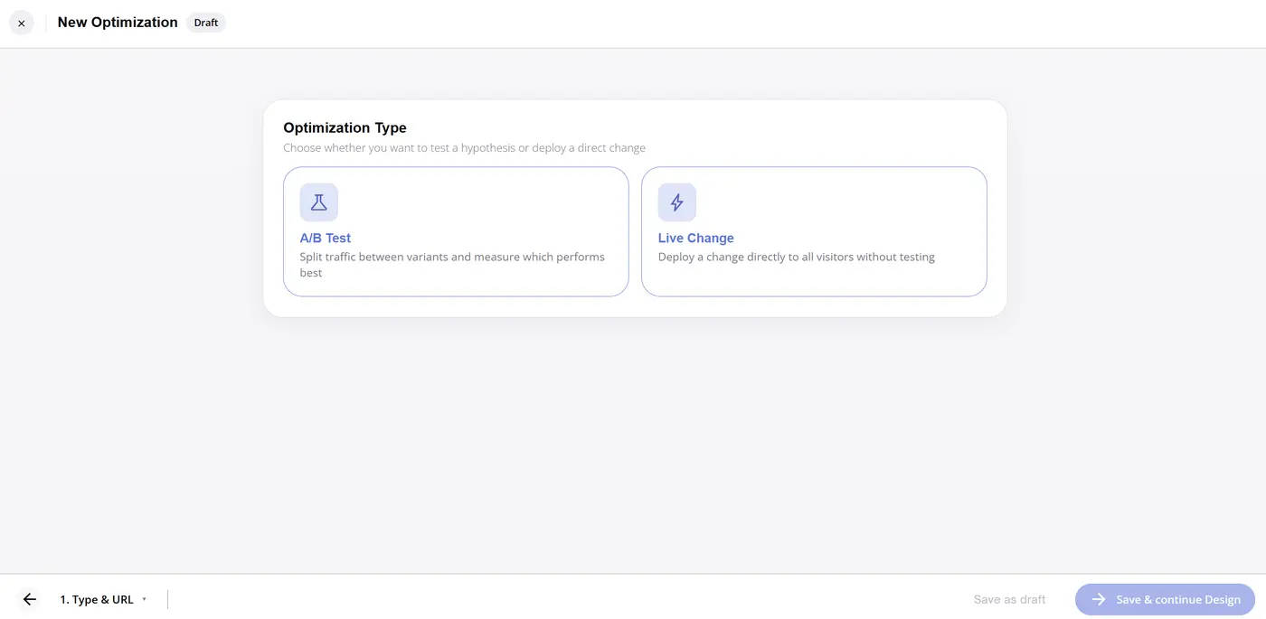 Étape 1 — Choix du type A/B Test ou Live Change