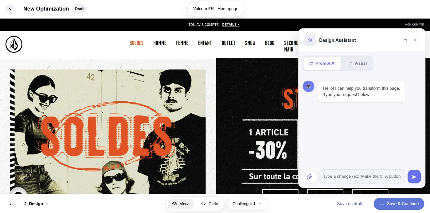 Étape 2 — Éditeur visuel avec Design Assistant ouvert