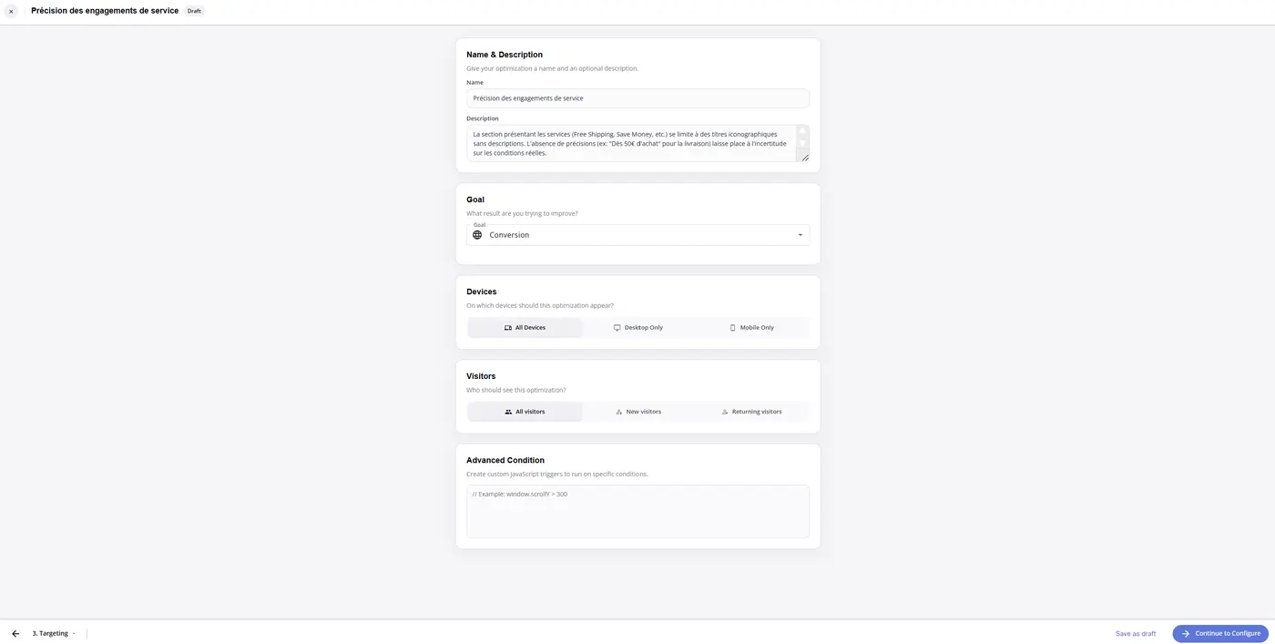 Étape 3 — Targeting : Name, Goal, Devices, Visitors, Advanced Condition