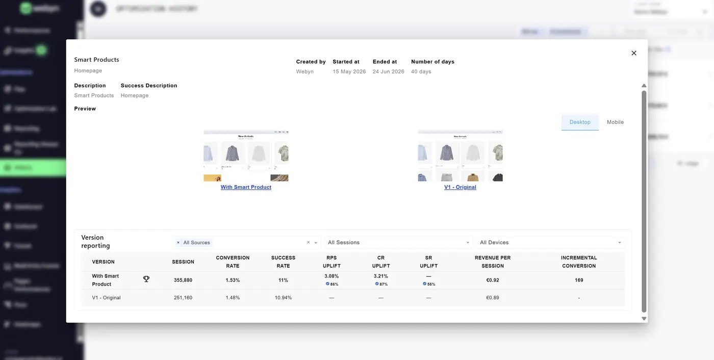 Détail des résultats — modale avec Preview Desktop/Mobile, Version Reporting et métriques par version